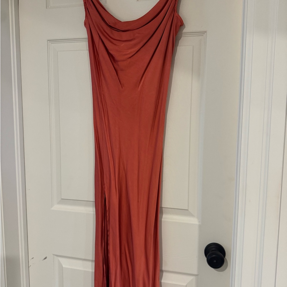Orange Red Strapless Bodycon Dress with Cowl Neck